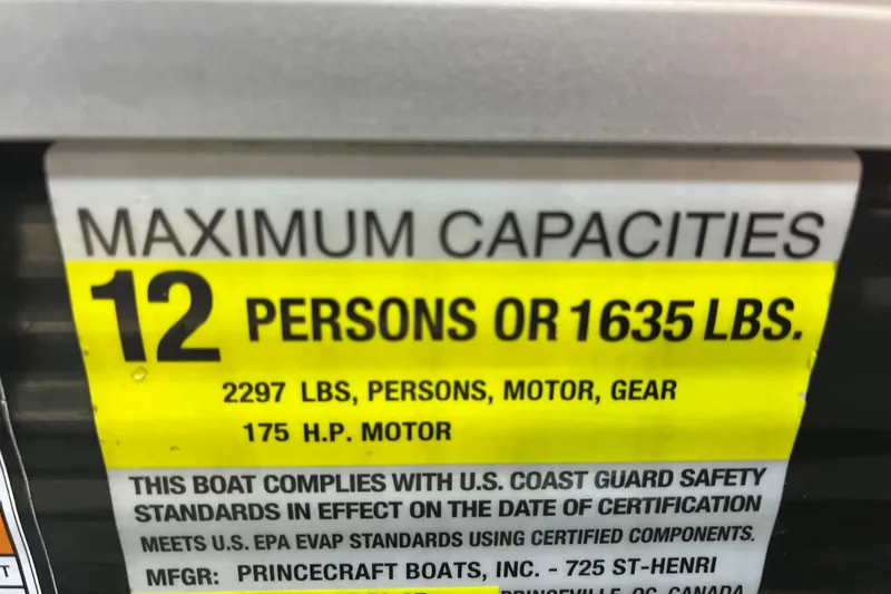 Slide: The Image of 2023 Princecraft Vectra 23 boat capacity label: 12 persons or 1635 lbs, 175 HP motor. - 16