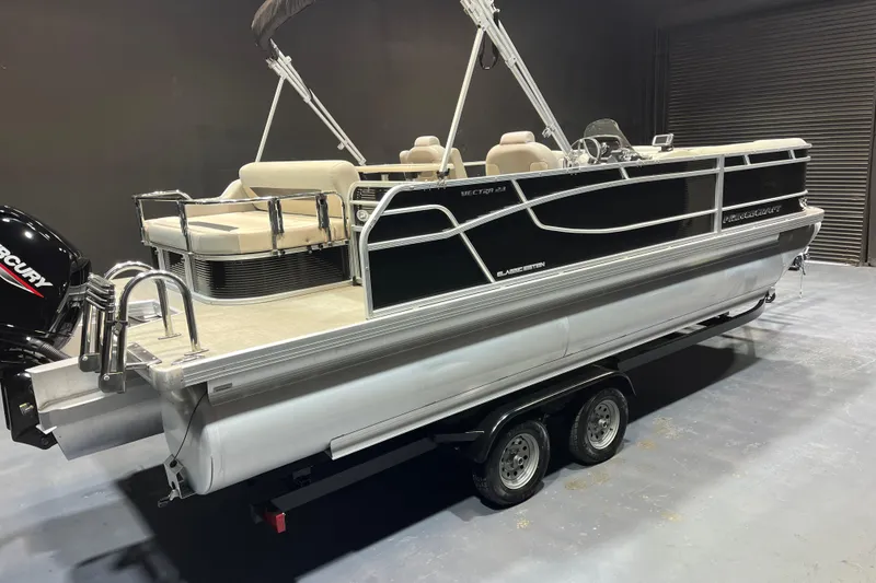 Slide: The Image of 2023 Princecraft Vectra 23 pontoon boat on trailer, featuring sleek design and comfortable seating. - 4