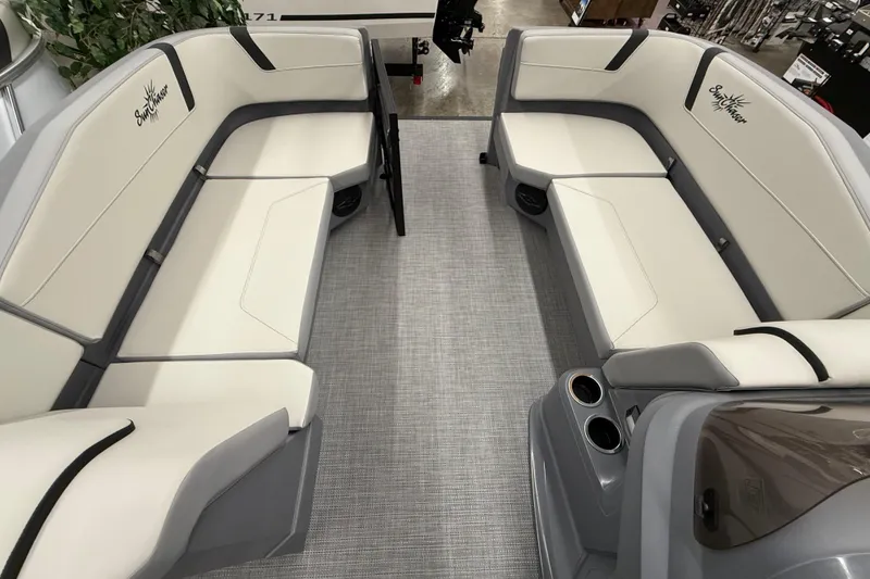 Slide: The Image of Luxurious seating on 2025 SunChaser Lucerne 22 LR DH pontoon boat, featuring elegant upholstery. - 9