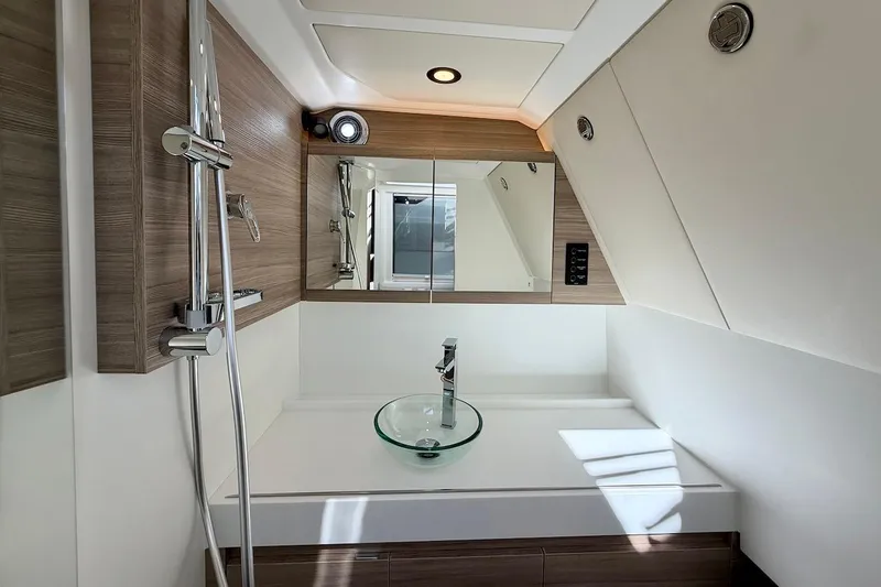 Slide: The Image of Modern bathroom interior of 2026 Saxdor 400 GTC yacht, featuring sleek design and glass sink. - 38
