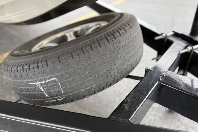 Slide: The Image of Trailer tire on a 2016 Nitro Z20 boat trailer, showing tread wear. - 52