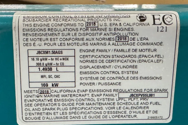 Slide: The Image of 2018 Sea-Doo Wake Pro 230 emission control label with engine specifications and compliance details. - 13