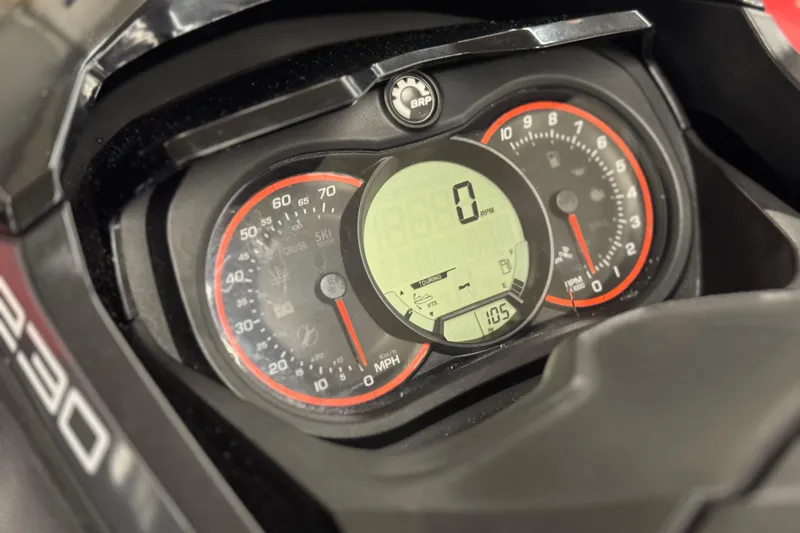 Slide: The Image of 2018 Sea-Doo Wake Pro 230 dashboard with digital display and speedometer. - 22