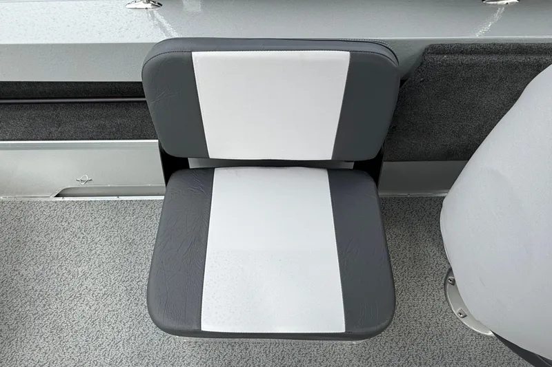 Slide: The Image of 2025 Smoker Craft Osprey 162 boat seat, gray and white upholstery, modern design. - 15