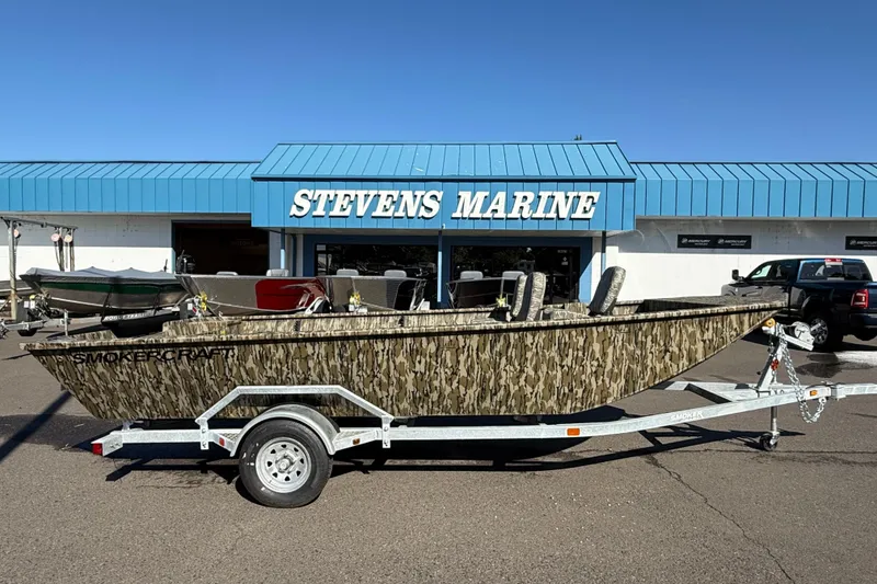 The Image of 2025 Smoker Craft Sportsman 1866 boat on trailer at Stevens Marine dealership. - 1