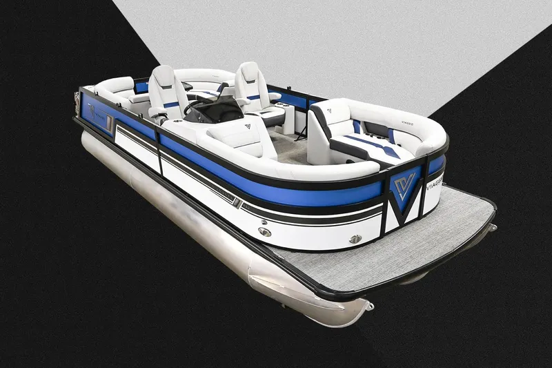 Slide: The Image of Manufacturer Provided Image: 2023 Viaggio Diamante U pontoon boat with sleek design and blue accents. - 6
