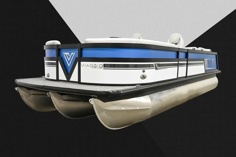 Slide: The Image of Manufacturer Provided Image: 2023 Viaggio Diamante U pontoon boat with sleek design and blue accents. - 7