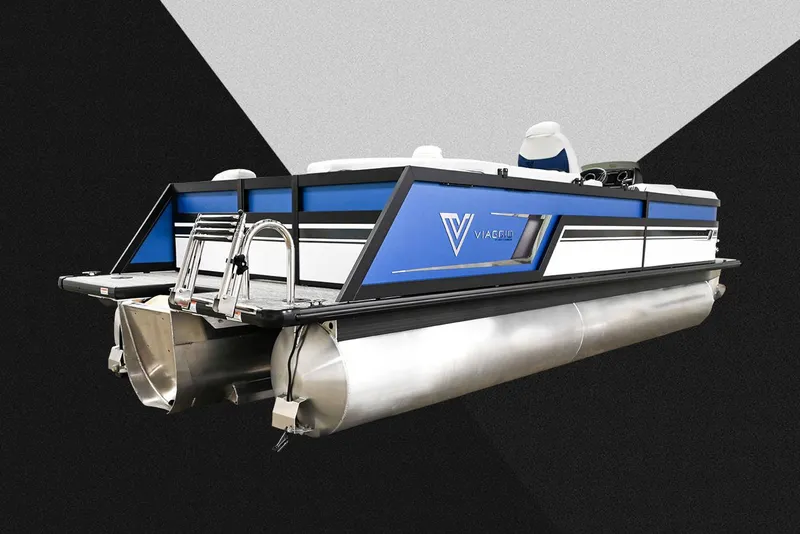 Slide: The Image of Manufacturer Provided Image: 2023 Viaggio Diamante U pontoon boat with sleek blue and silver design. - 8