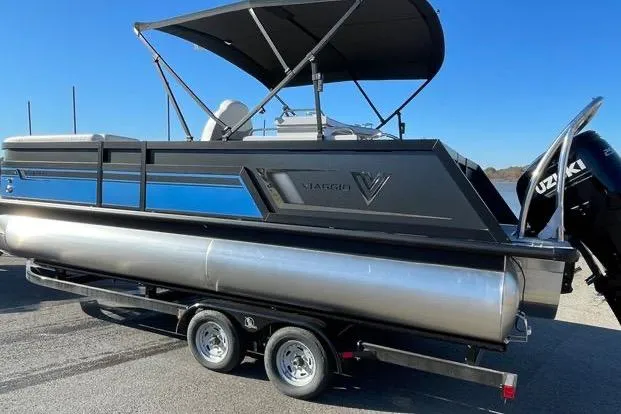 Slide: The Image of 2023 Viaggio Diamante 23B pontoon boat on trailer with Suzuki outboard motor. - 13