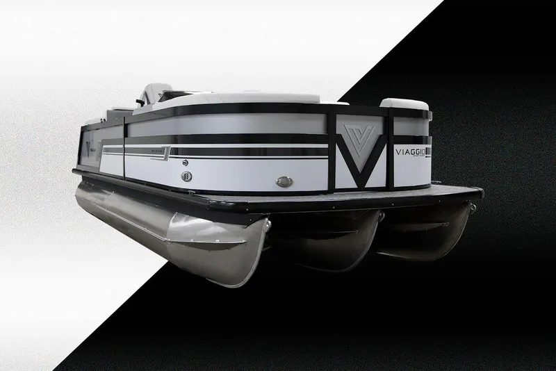 Slide: The Image of Manufacturer Provided Image: 2023 Viaggio Diamante B pontoon boat, sleek design, black and white background. - 18