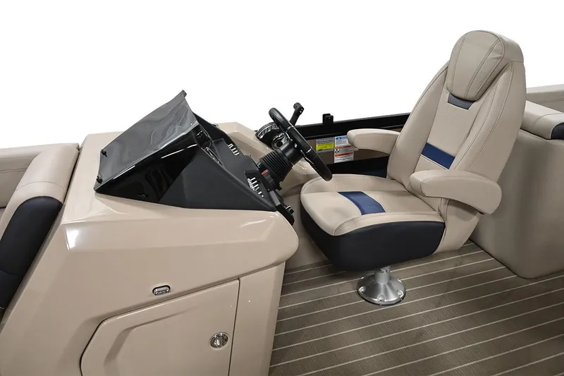 Slide: The Image of Manufacturer Provided Image: Viaggio Diamante B 2023 boat interior with beige and blue captain's chair and control panel. - 21