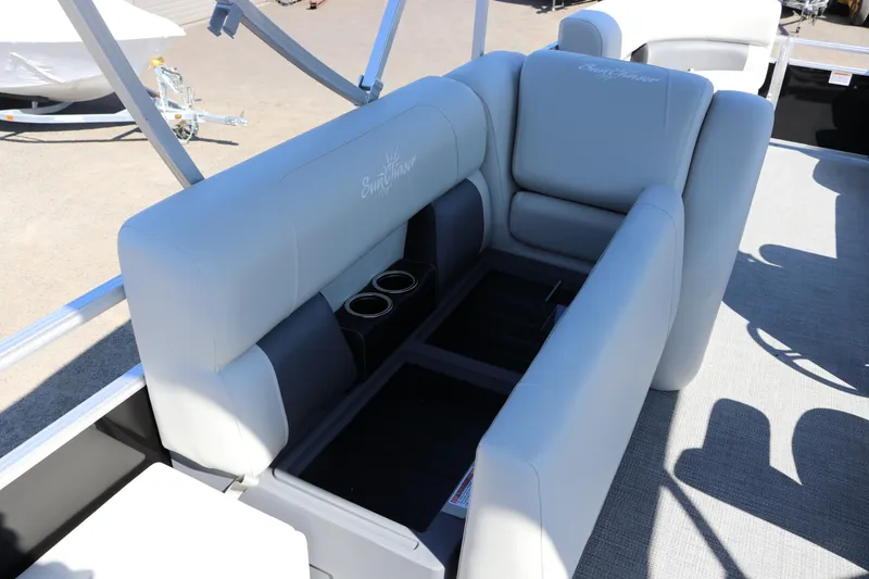 Slide: The Image of 2025 SunChaser Vista 20 Fish boat interior with gray seating and cup holders. - 25