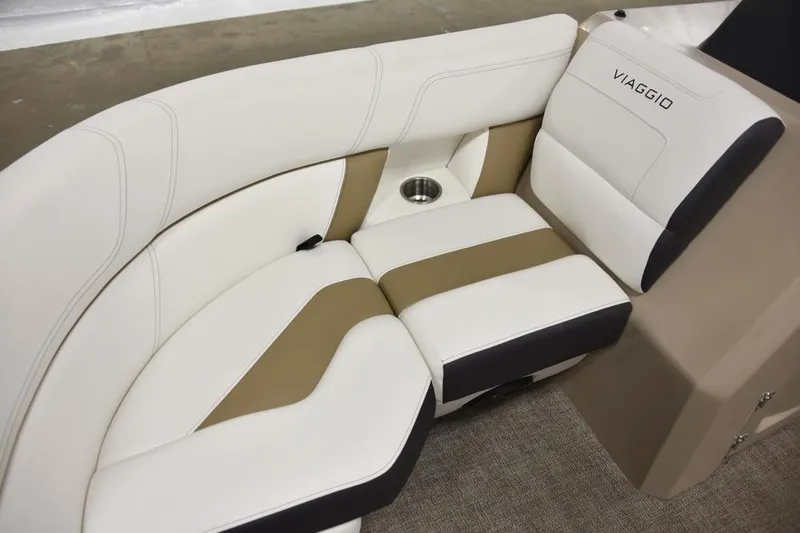 Slide: The Image of Manufacturer Provided Image: Luxurious Viaggio Diamante S 2023 boat seating with beige and white upholstery. - 16
