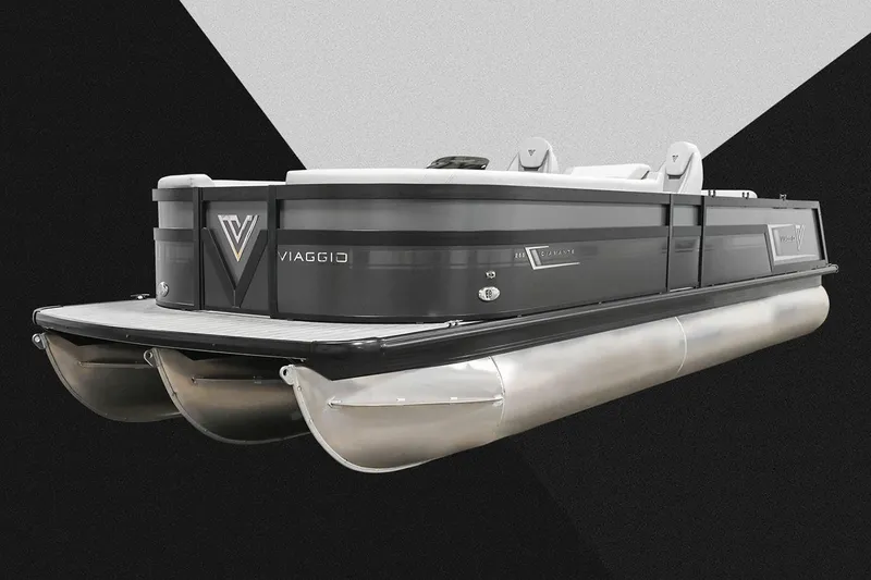 Slide: The Image of Manufacturer Provided Image: 2023 Viaggio Diamante S pontoon boat, sleek design, black and silver finish. - 9