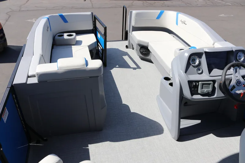 Slide: The Image of 2025 SunChaser Lucerne 20 LR DH pontoon boat interior with modern seating and helm. - 16
