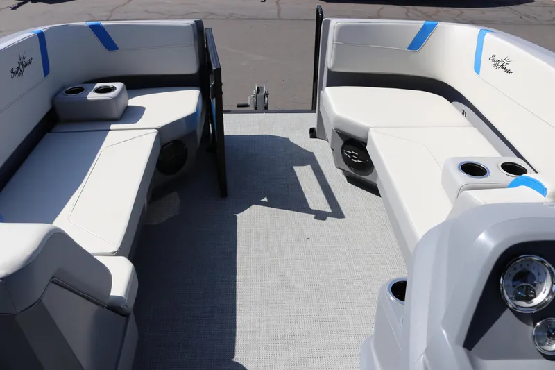 Slide: The Image of Interior of 2025 SunChaser Lucerne 20 LR DH pontoon boat with seating and cup holders. - 26