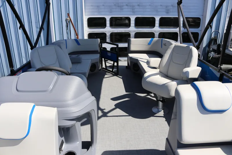 Slide: The Image of Interior of 2025 SunChaser Lucerne 20 LR DH pontoon boat with plush seating. - 6