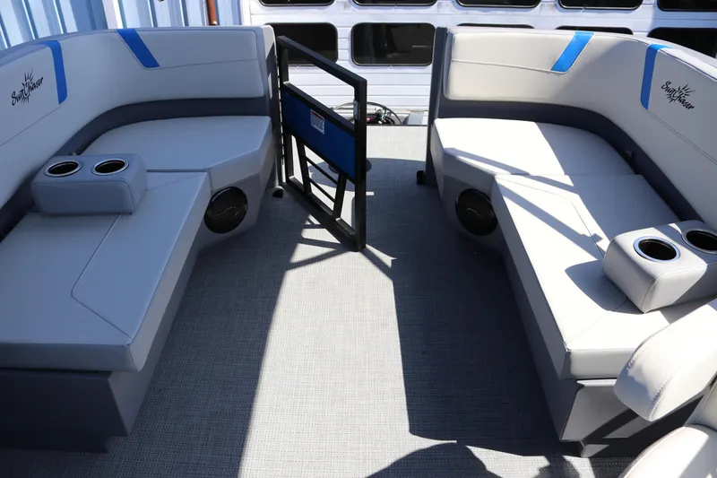 Slide: The Image of Luxurious seating on 2025 SunChaser Lucerne 20 LR DH pontoon boat, featuring cup holders. - 7
