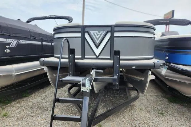 The Image of 2024 Viaggio Lago X22S pontoon boat, gray exterior, front view with ladder. - 0