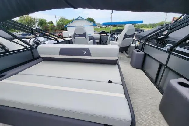Slide: The Image of 2024 Viaggio Lago X22S pontoon boat with spacious seating and modern design. - 6