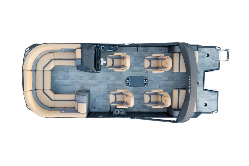 Slide: The Image of Manufacturer Provided Image: Top view of 2024 Viaggio Lago X-Q pontoon boat with tan seating and gray flooring. - 11