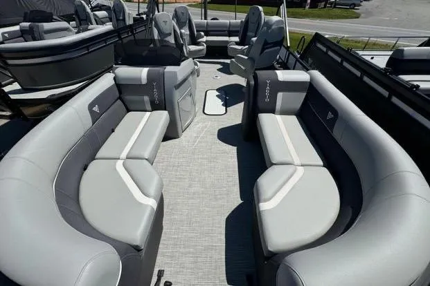 Slide: The Image of 2024 Viaggio Lago X22Q pontoon boat with spacious seating and modern design. - 6