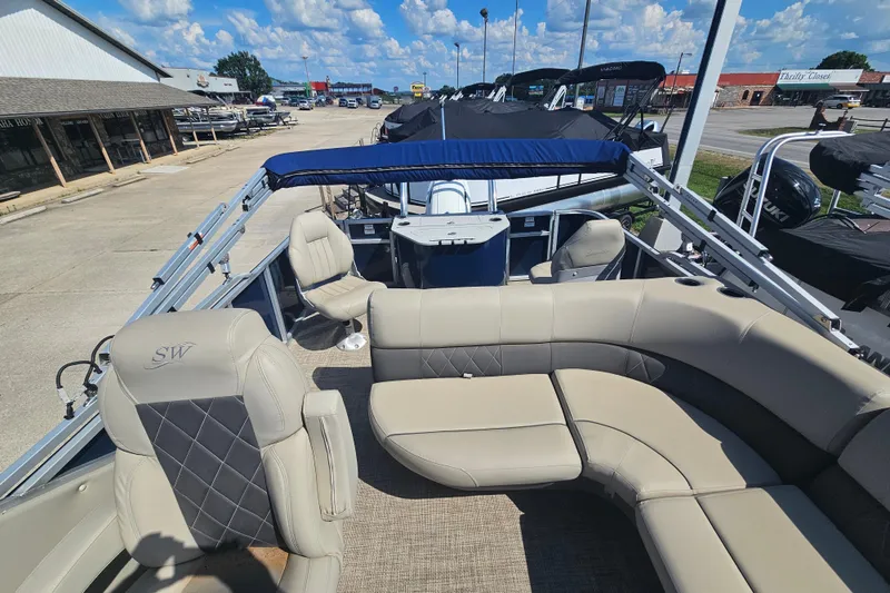 Slide: The Image of 2024 Silver Wave 2410 SW3 RLP pontoon boat with luxurious seating and modern design. - 3
