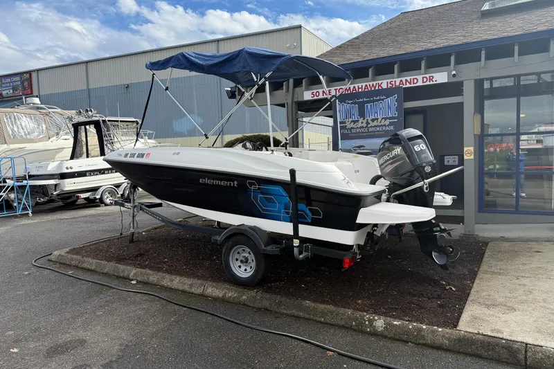 The Image of 2019 Bayliner Element E16 boat with Mercury engine on display at dealership. - 0