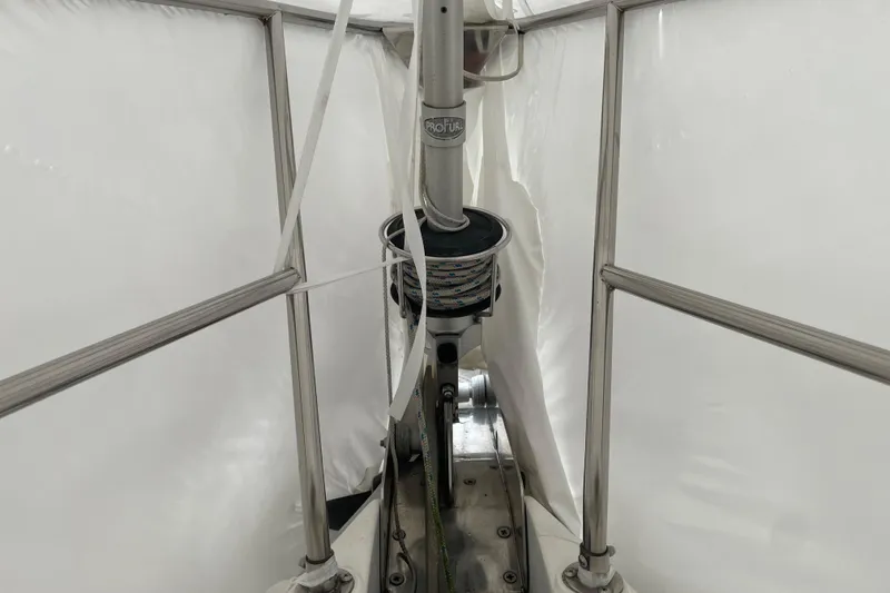 Slide: The Image of Close-up of a Hunter 380 sailboat mast and rigging, 1999 model. - 17