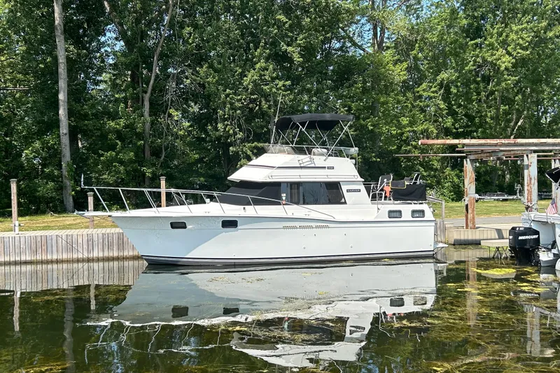 The Image of 1985 Carver 3207 Aft Cabin Motor Yacht docked by lush greenery. - 0