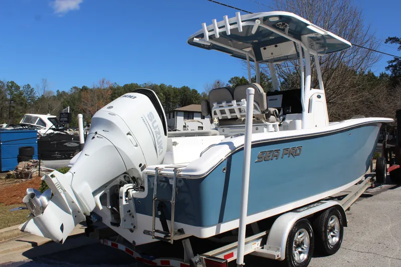 Slide: The Image of 2021 Sea Pro 239 DLX Center Console boat on trailer. - 7