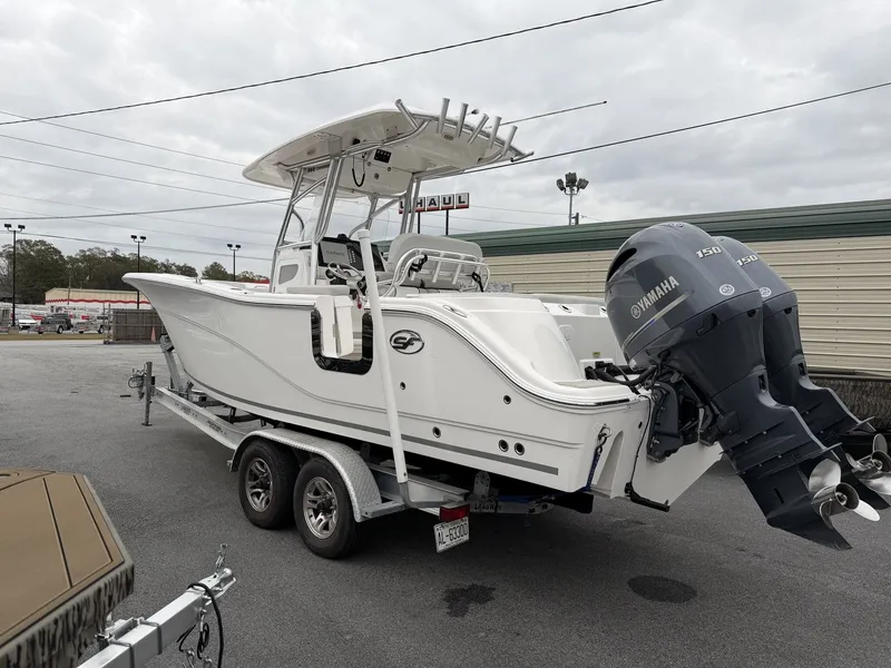 Slide: The Image of 2021 Sea Fox Commander 268 boat with Yamaha engines on trailer. - 3