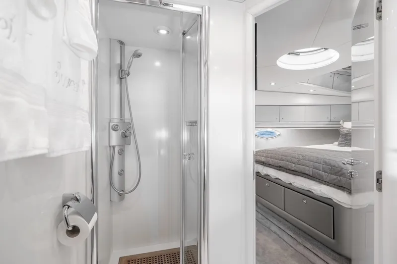 Slide: The Image of Luxurious bathroom and bedroom interior of 2021 Sunseeker Predator 68 yacht. - 16
