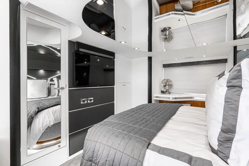 Slide: The Image of Luxurious interior of 2021 Sunseeker Predator 68 yacht bedroom with modern design. - 23