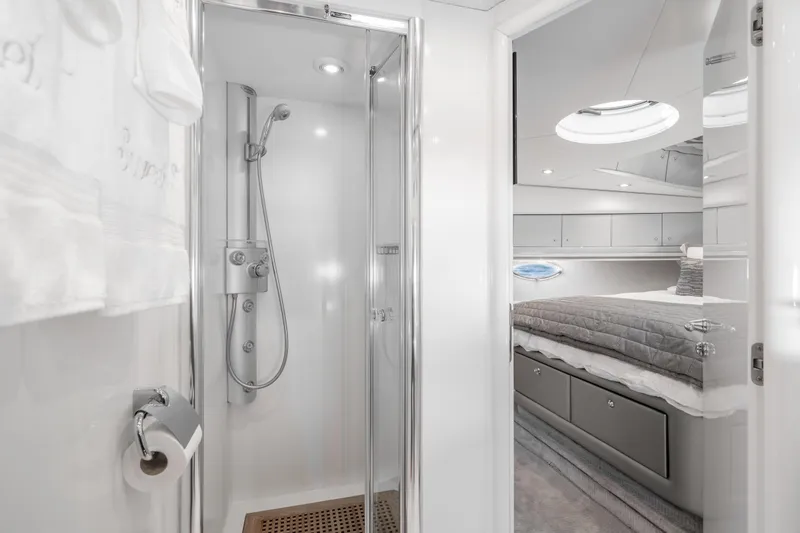 Slide: The Image of Luxurious bathroom and bedroom interior of 2021 Sunseeker Predator 68 yacht. - 29