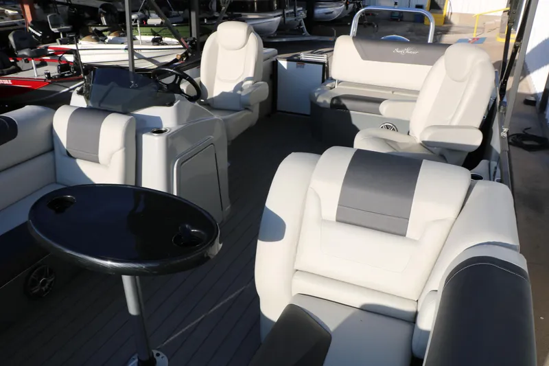 Slide: The Image of Luxurious interior of 2024 Sun Chaser Geneva SB DH pontoon boat with plush seating. - 17