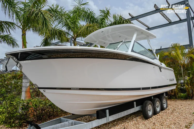 Slide: The Image of 2026 Blackfin 272 DC boat on trailer, surrounded by palm trees. - 4