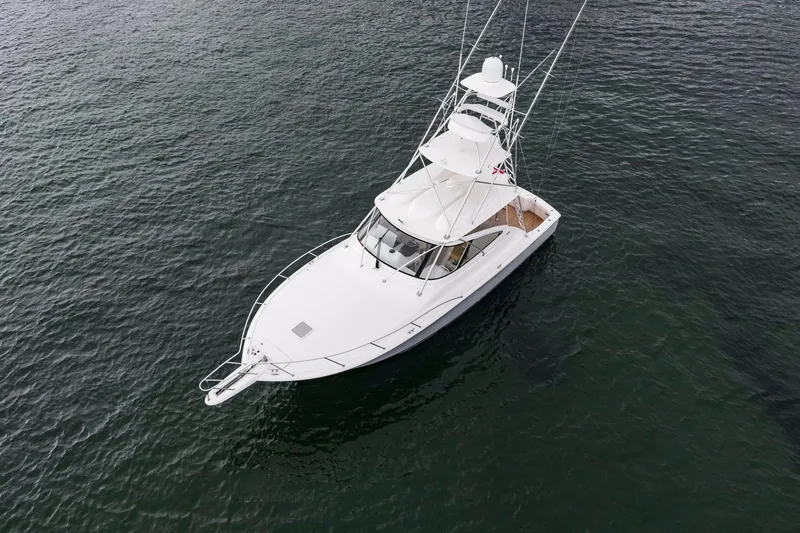 Slide: The Image of 2018 Viking 44 Express yacht on open water, aerial view. - 40