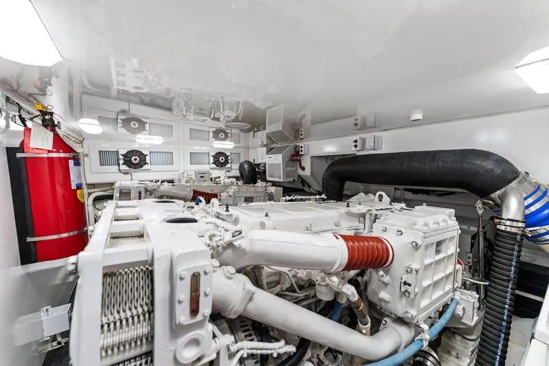 Slide: The Image of Engine room of 2018 Viking 44 Open yacht, featuring advanced machinery and equipment. - 97