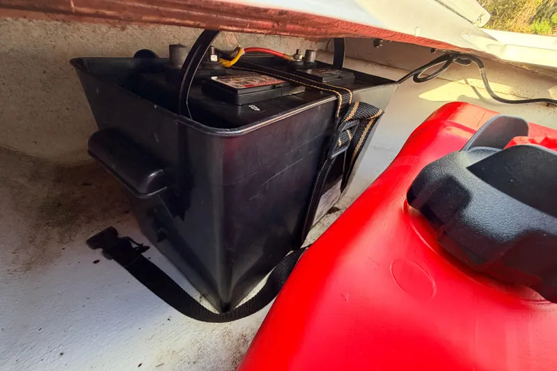 Slide: The Image of Battery and fuel tank setup in 2023 Dorado 16 Skiff boat. - 29