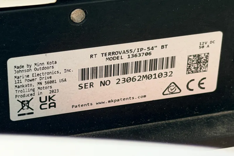 Slide: The Image of Label on Minn Kota trolling motor, model RT Terrova55/IP-54, produced in 2023. - 32