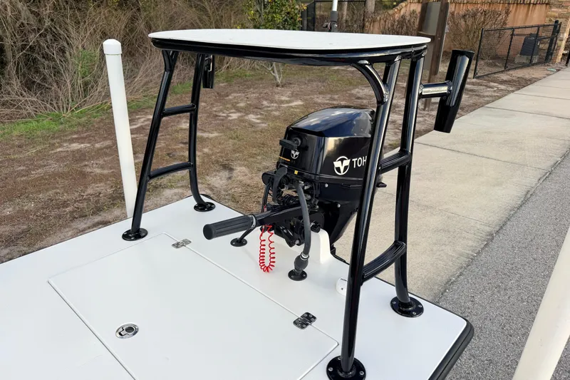 Slide: The Image of 2023 Dorado 16 Skiff with Tohatsu outboard motor and elevated platform. - 46