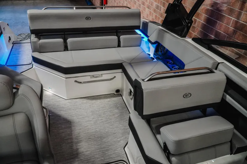 Slide: The Image of Luxurious interior of 2026 Cobalt R4 boat with modern seating and ambient lighting. - 19