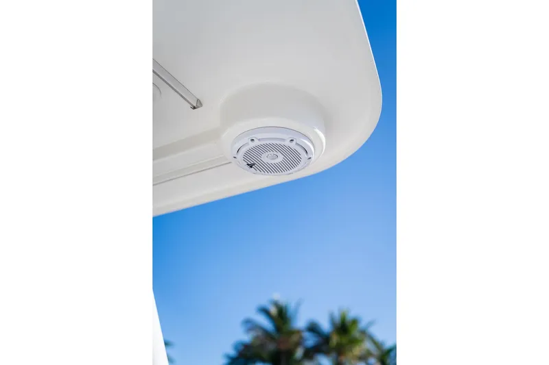 Slide: The Image of 2024 World Cat 295 CC boat speaker against clear blue sky and palm trees. - 48