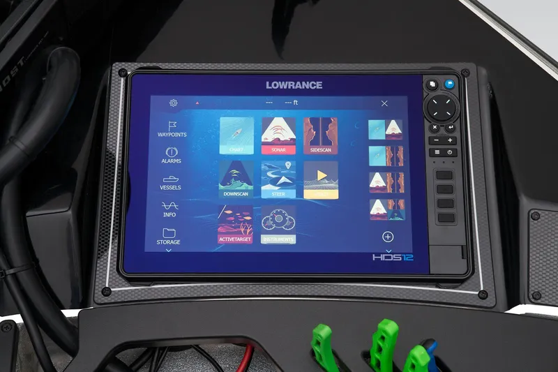 Slide: The Image of Interior view of 2026 Triton 21XP Patriot boat with foot pedal and safety labels. - 25