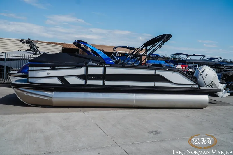 The Image of 2026 Evotti 523CS pontoon boat at Lake Norman Marina, featuring sleek design and modern amenities. - 1