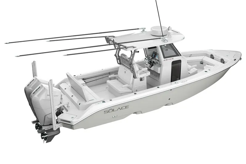 Slide: The Image of Manufacturer Provided Image: 2026 Solace 28 HCS boat with dual Mercury engines, sleek design, and advanced fishing features. - 12