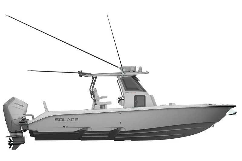 Slide: The Image of Manufacturer Provided Image: 2026 Solace 28 HCS boat with dual Mercury engines, sleek design, and advanced features. - 13