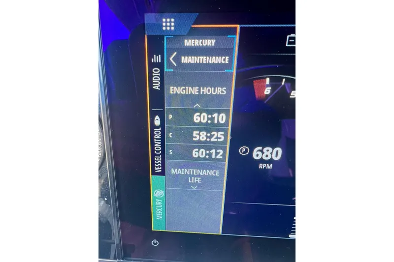 Slide: The Image of Edgewater 370CC 2020 boat display showing engine hours and RPM at 680. - 36