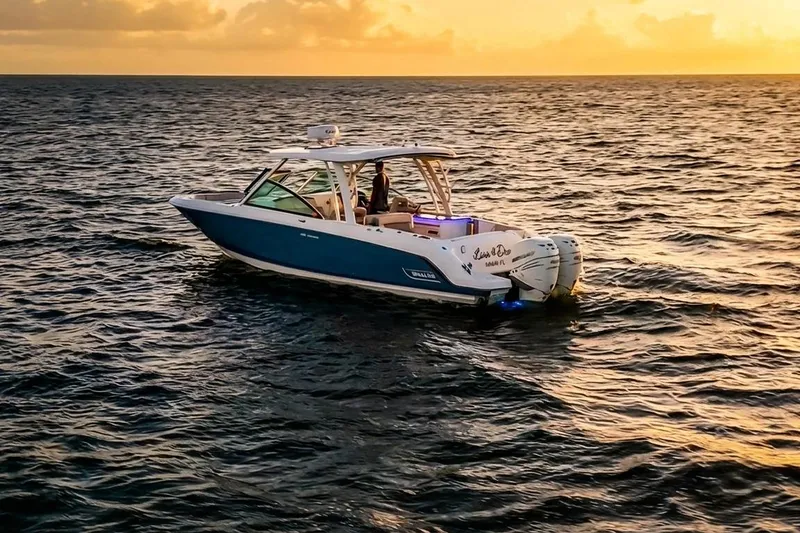 Slide: The Image of 2019 Boston Whaler 320 Vantage boat cruising at sunset on open water. - 22